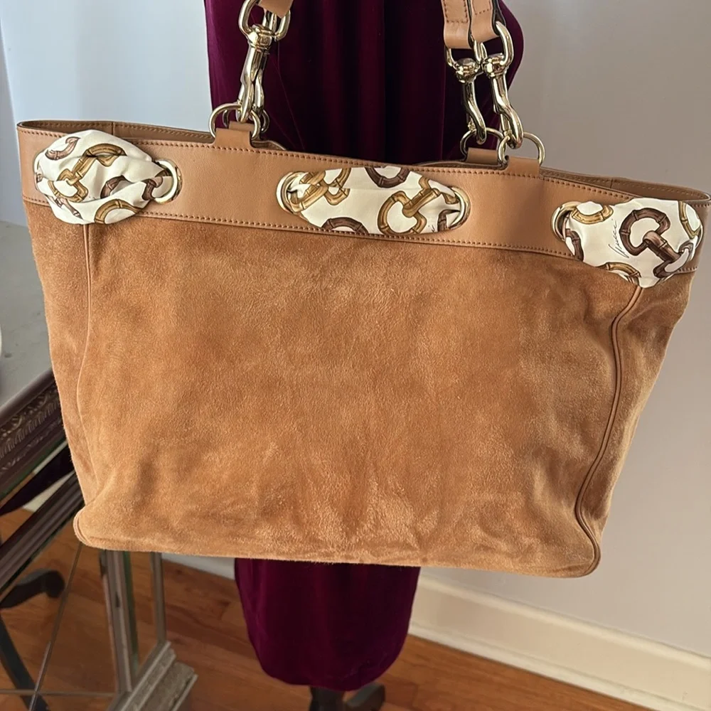 GUCCI POSITANO Leather Suede Tan Brown White Silver Gold Beaded Bag Rare Luxury - Picture 6 of 14